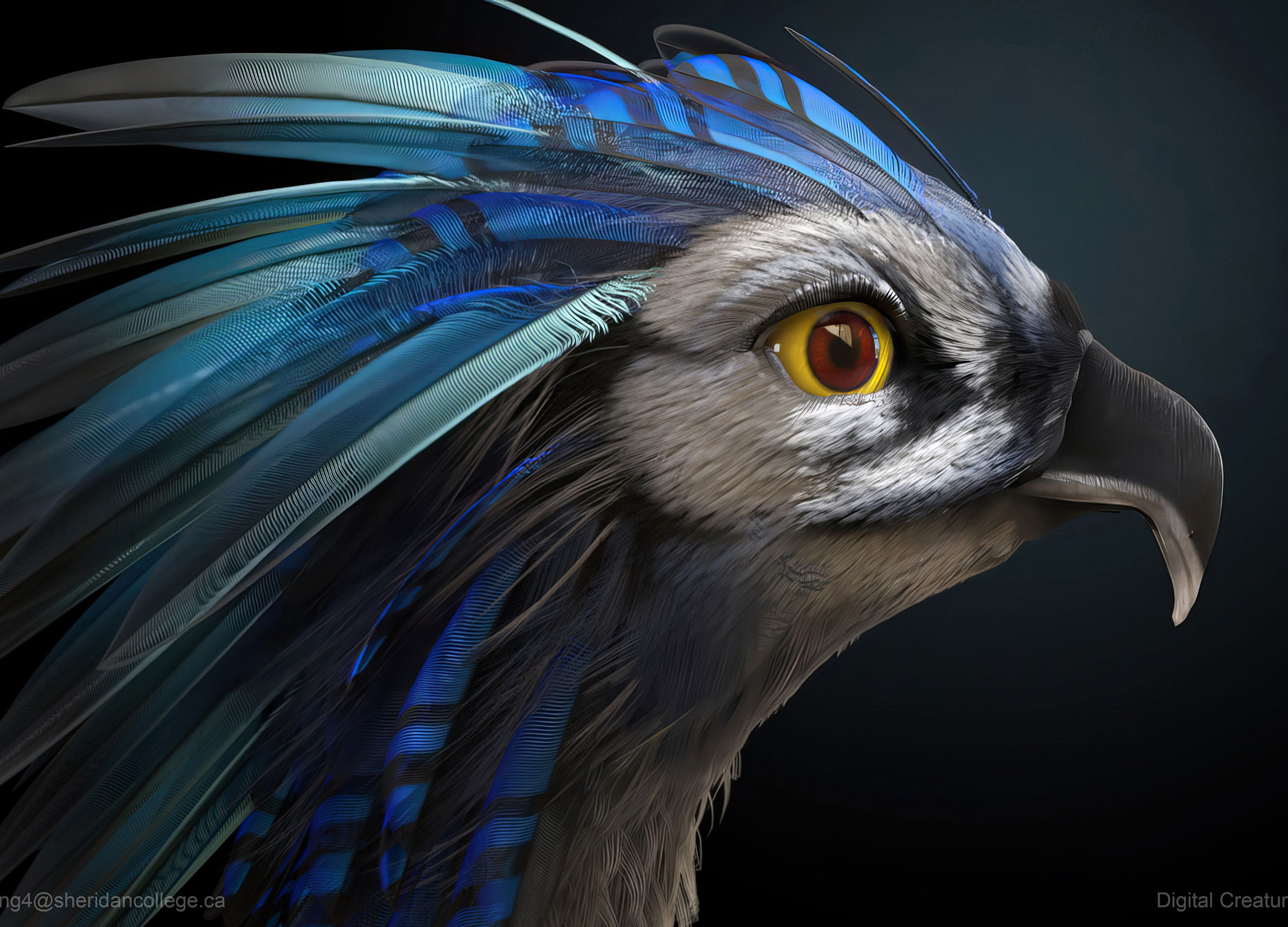 A digitally animated bird-like creature, created by Sheridan grad Yue Hong